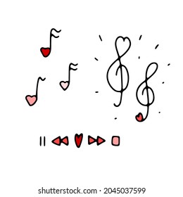 Doodle Valentines musical signs set. Hand-drawn love symbol on white background. Note, treble clef, rewind mark, play, pause in the shape of a heart. Wedding, feeling symbol. Vector music illustration