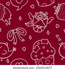 Doodle valentines with outline seamless pattern.