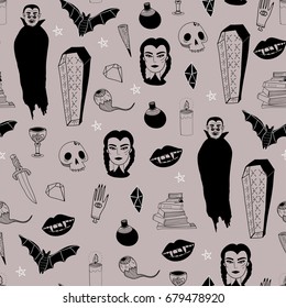 Doodle vampire spooky stuff. Hand drawn graphic vector seamless pattern. Dark background