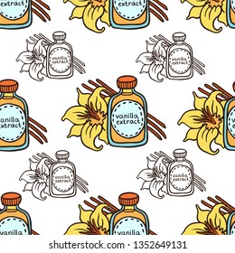 Doodle vanilla extract in bottle seamless pattern. Natural vanilla spice. Exotic asian spice for dessert or parfum industry vector illustration.