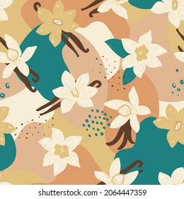 Doodle vanilla flowers and abstract elements. Vector seamless pattern. Hand drawn illustrations.