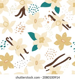 Doodle vanilla flowers and abstract elements. Vector seamless pattern. Hand drawn illustrations.