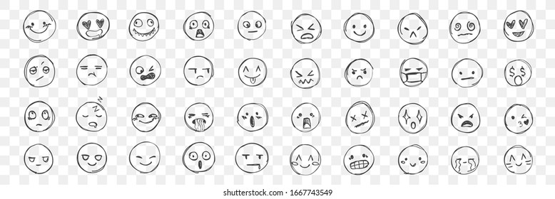 Doodle various emodji set. Hand drawn face expressions, happy, sad mood. Laughing face, smiling mouth, crying eyes. Different mood. Positive, negative human feelings. Vector illustration