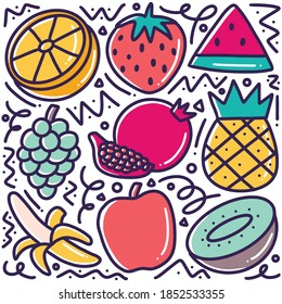 Doodle Various Fruit Collection Hand Drawing With Icons And Design Elements