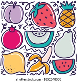 doodle various fruit collection hand drawing with icons and design elements