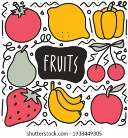 doodle various fruit collection hand drawing with icons and design elements