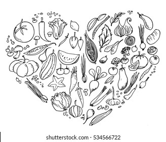 doodle of various vegetables in the form of heart shape. Vector hand drawn illustration