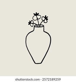 Doodle Vase Flower Pottery Ceramic. Jug Sketch Black Line Symbol. Stylized Whimsical Hand Drawn Vector Element Decor