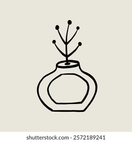 Doodle Vase Plant Pottery Ceramic. Jug Sketch Black Line Symbol. Stylized Whimsical Hand Drawn Vector Element Decor