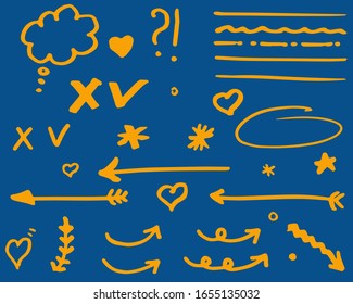Doodle vector arrows, bubble, star ,thinking cloud. Isolated. Hand drawn collection of elements for design