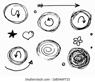 Doodle vector arrows in circles. Hand drawn set. Isolated. Collection of elements for design