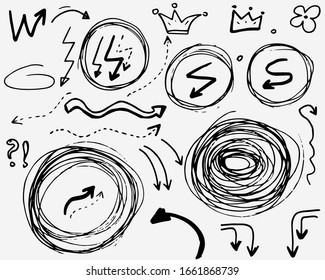 Flechas vectoriales de perro, corona, círculo, flor. Aislado. Colección de elementos dibujados a mano para el diseño