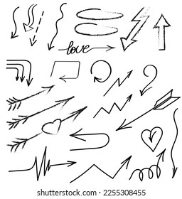Doodle vector arrows and design elements. Hand drawn set of icons, frames, borders, arrows in cartoon style. Elements for infographics.