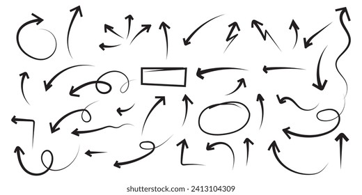 Doodle vector arrows and design elements set . Hand drawn set of icons, frames, borders, arrows in cartoon style. Elements for infographics. Direction pointers. Scribbles and scrawls.