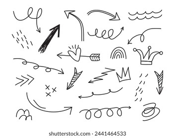 Doodle vector arrows and design elements. Hand drawn set of icons, frames, borders, arrows in cartoon