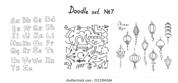 Flechas vectoriales de garabatos, conjunto de linternas de papel chino. Iconos de negocios dibujados a mano. Esbozo de ilustración para la escuela, presentación. Iconos planos de decoración oriental de la cultura china. Dibujo manual tradicional
