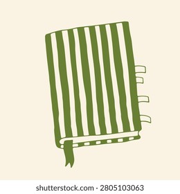 Doodle vector art of a closed hardcover book, standing slightly askew, with a green striped cover design and four bookmark ribbons of varying lengths. A cute notebook icon