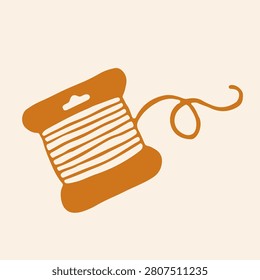 Doodle vector art of a plastic thread bobbin spool wound with embroidery floss and a wavy loose end. Orange icon for sewing and needlework supplies