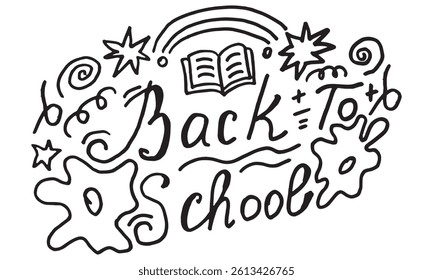 Doodle vector, Back to School. Hand drawn, doodle elements isolated on white background, book, blots, waves, plus, minus, equal, swirl, rainbow, explosion, lettering, black, handmade