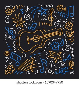 Doodle vector background, acoustic guitar. Poster music concert, festival.