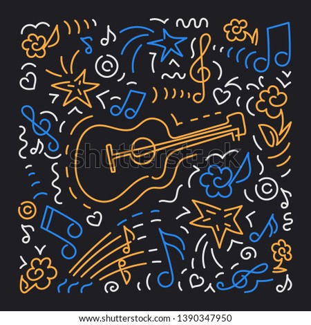 Doodle vector background, acoustic guitar. Poster music concert, festival.