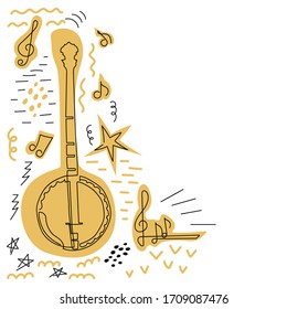 Doodle vector background. Poster music concert, festival. Western country music poster with american banjo.