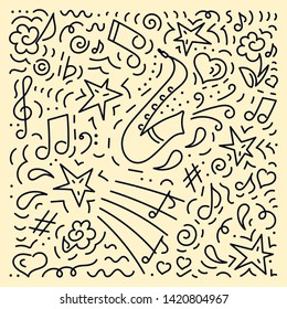 Doodle vector background, saxophone. Poster music concert, festival.. Poster music concert, festival.