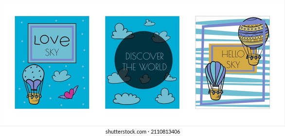 Doodle vector banners of hot air balloons with clouds. Colorful hand draw illustration flying vehicles. Romantic balloons. Sky with tourist balloons for flight. Cartoon style