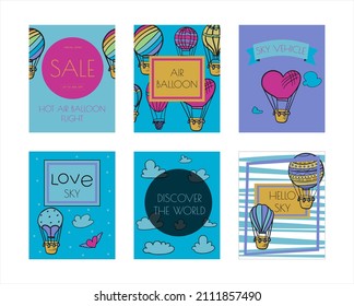 Doodle vector banners of hot air balloons with clouds. Colorful hand draw illustration flying vehicles. Romantic balloons. Sky with tourist balloons for flight. Cartoon style