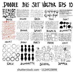 Doodle Vector Big collection of      brush, building, data, tree,font, banner, sport, business, silhouette, bubble, heart, party, frame, arrow, circle, silhoutte, school, summer