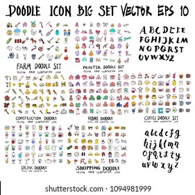 Doodle Vector Big collection of farm, winter, construction, home, coffee, drink, shopping, font on white background