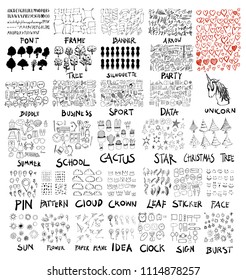 Doodle Vector Big collection of      unicorn, font, frame, banner, arrow, tree, silhouette, party, bubble, business, sport, data, summer, school, cactus, star, christmas, pin, pattern, cloud, crown,
