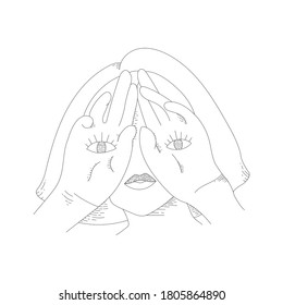 Doodle vector black and white mystic illustration of woman with close eye and hands with symbol of eyes. Hand on eyes vector esoteric symbol.  