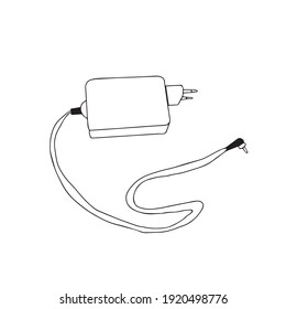 Doodle vector black and white picture of computer laptop battery charger, accumulator, plug, connection,cable, computer accessories, work at home. Printable and digital use.