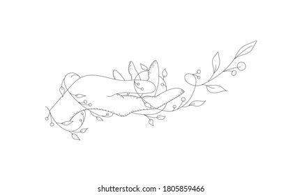 Doodle vector black and withe illustration of hand with winding flowers. Line art of hand and ivy flower 