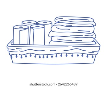 Doodle vector blue line illustration of decorative tray with stacked paper towel rolls and neatly folded cloths. Minimalist bathroom or laundry room organization concept, isolated on white background.