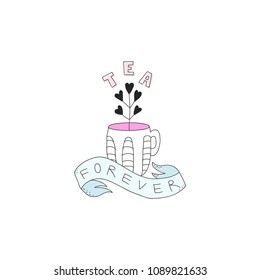 Doodle vector book with cup and branch. Tea forever lettering.