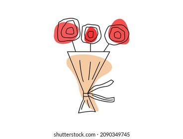 Doodle vector, bouquet of flowers for valentine's day. Botanical illustration for february 14 isolated on white background in outline  style with color spots	