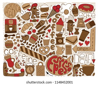 Doodle vector brown illustration. Modern art for coffee.
