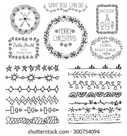 Doodle vector brushes line border,logo set.Hand drawn Pattern,Black  ornament,decor.For decorating greeting card,wedding design template, invitations,holiday, baby design,menu.Illustration