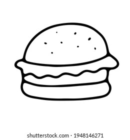 Ilustración de la hamburguesa del vector del doodle. La mano dibujó una deliciosa hamburguesa aislada de fondo blanco. Comida rápida, bocadillos, comida chatarra, símbolo del Día sin dieta. Icono de harina de trampa. Cafe, menú, restaurante, cartel de tienda