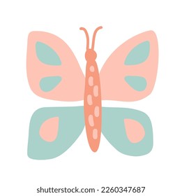 Doodle of vector butterfly. Hand drawn illustration Colorful cartoon simple element for design, print, decor, postcard, sticker. Organic groovy hippie funny boho style. Pastel palette.