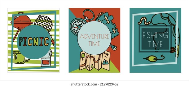 Doodle vector camping bannersset. Sketch hiking Icons.Hand draw illustration for summer picnic in nature. Camping equipment