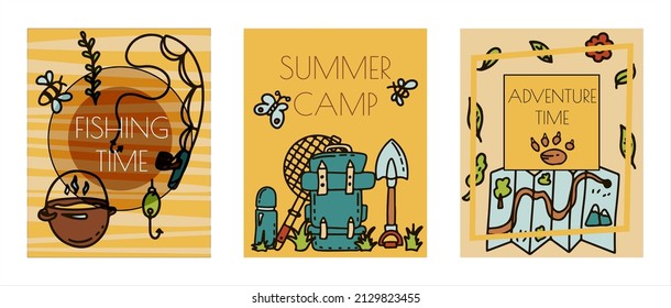 Doodle vector camping bannersset. Sketch hiking Icons.Hand draw illustration for summer picnic in nature. Camping equipment
