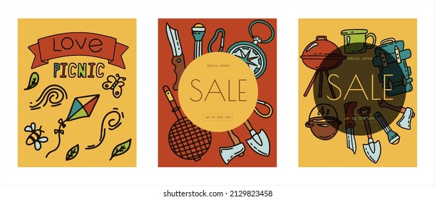 Doodle vector camping bannersset. Sketch hiking Icons.Hand draw illustration for summer picnic in nature. Camping equipment