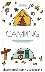 Doodle vector camping bannersset. Sketch hiking Icons.Hand draw illustration for summer picnic in nature. Camping equipment