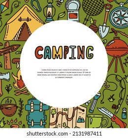 Doodle vector camping camping. Sketch hiking Icons.Hand draw illustration for summer picnic in nature. Camping equipments