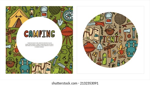 Doodle vector camping camping. Sketch hiking Icons.Hand draw illustration for summer picnic in nature. Camping equipments