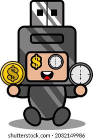 doodle vector cartoon character cute flash drive mascot costume sitting holding coin and time
