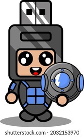 doodle vector cartoon character cute flash drive mascot costume holding diver helmet